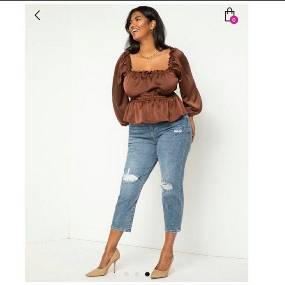 NEW Eloquii Brown Satin Elastic Waist Off the Shoulder Puff Sleeves Top 14 - Picture 2 of 10